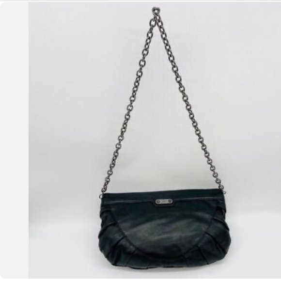 Rafe Black Flap Leather Clutch, metal design in gold & silver chains, - Picture 4 of 12